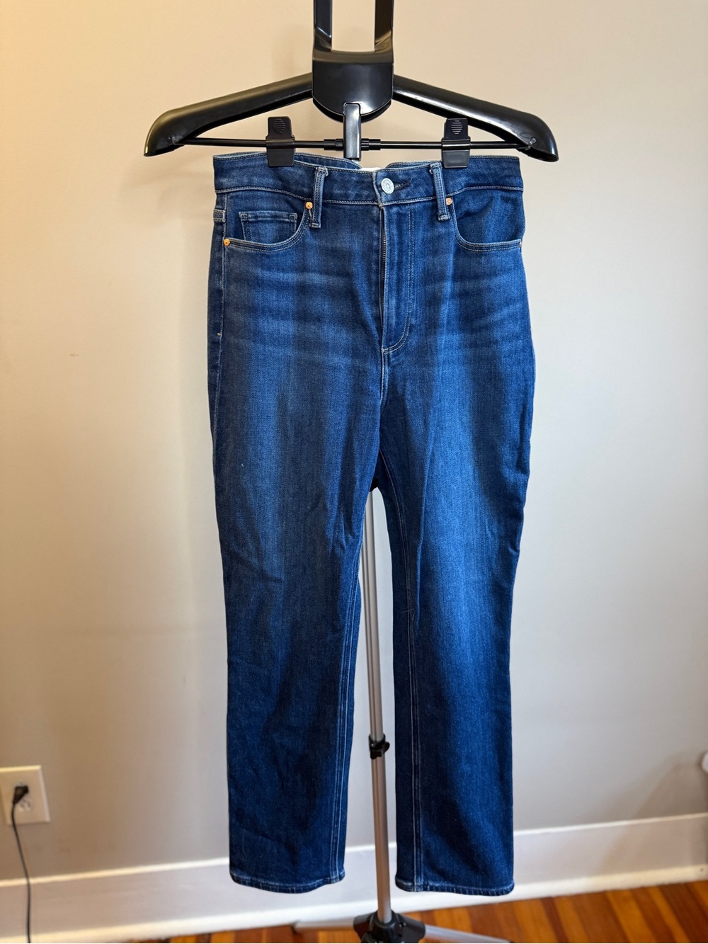 PAIGE Accent Straight-Leg Dark Blue Jeans